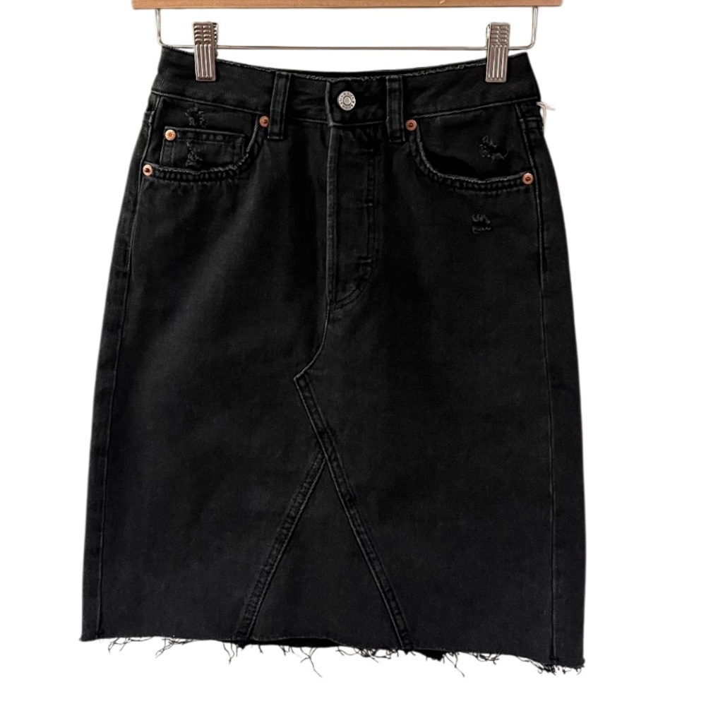 H&M Button Fly Washed Black Distressed Denim Skirt